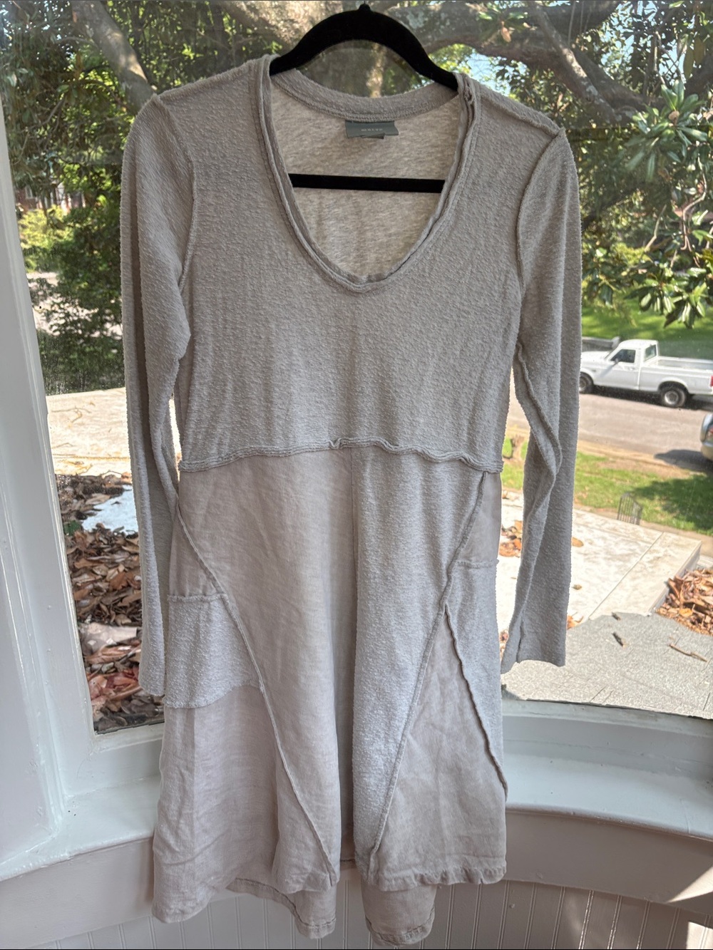 Maeve- Long-Sleeve Textured V-Neck Women’s Dress-Cotton and Linen-XS